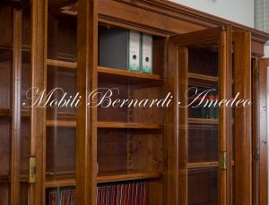 LB55 Walnut Bookcase Raised Base Inlaid Doors Glass Doors Drawers 09